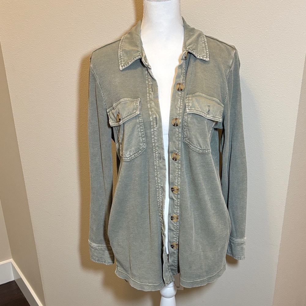 Washed Olive Button-Up Corduroy Shirt Jacket